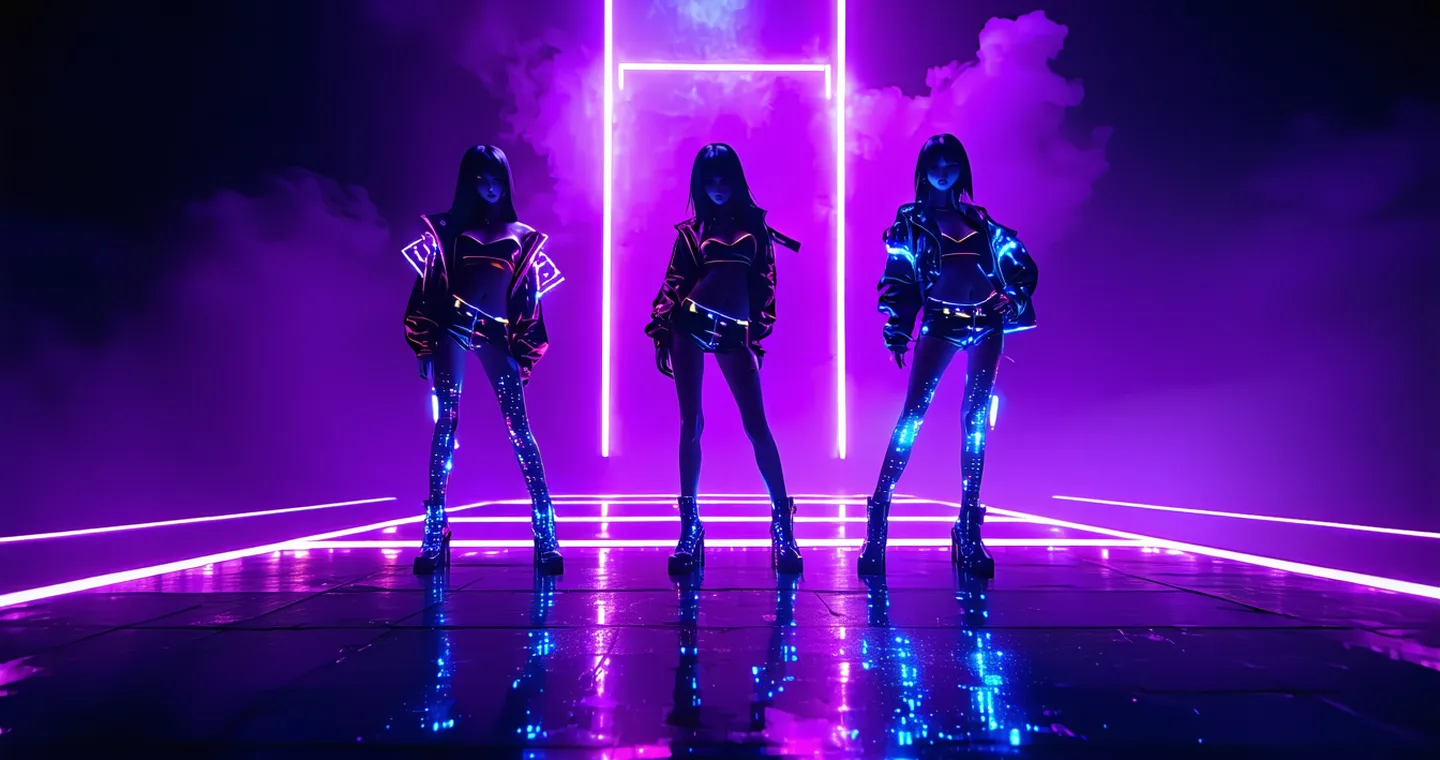 AIdeal virtual idol group performing on a stylized digital stage with violet and rose lighting